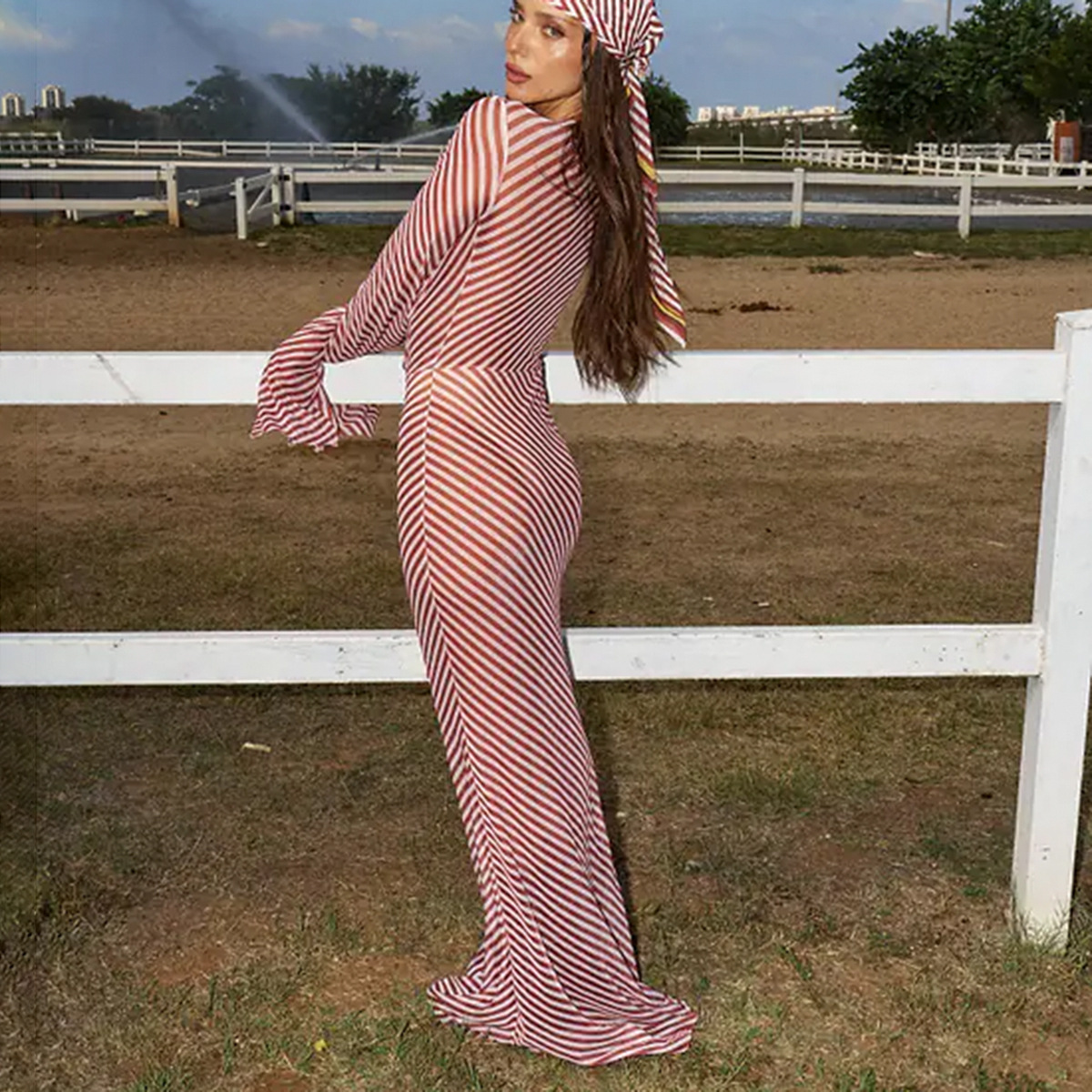 Fashion Chiffon Stripe 1Pcs Cover Ups Bikini Maxi Dress Womens Bathing Suit